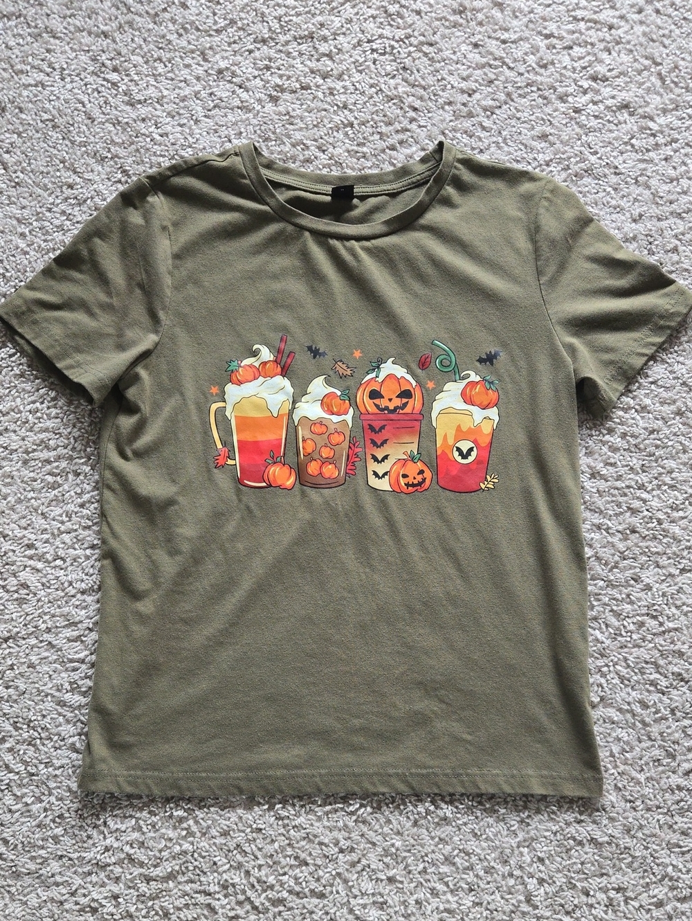 SHEIN Olive Green Short Sleeve Halloween Pumpkin Drink Graphic Tee